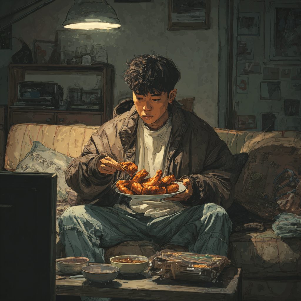drunkenpainter26 A 20s Korean man eating fried chicken at home 6c87b695 6d54 461b ba47 489829acb553