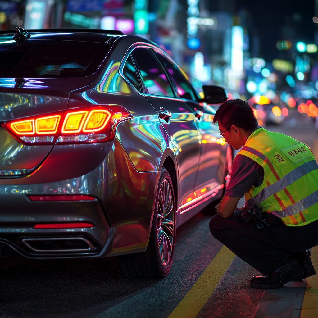 🚨 2025 자동차 무등록·불법 튜닝 합동 단속 2 불법튜닝 단속현장에서 차량을 살펴보는 경찰