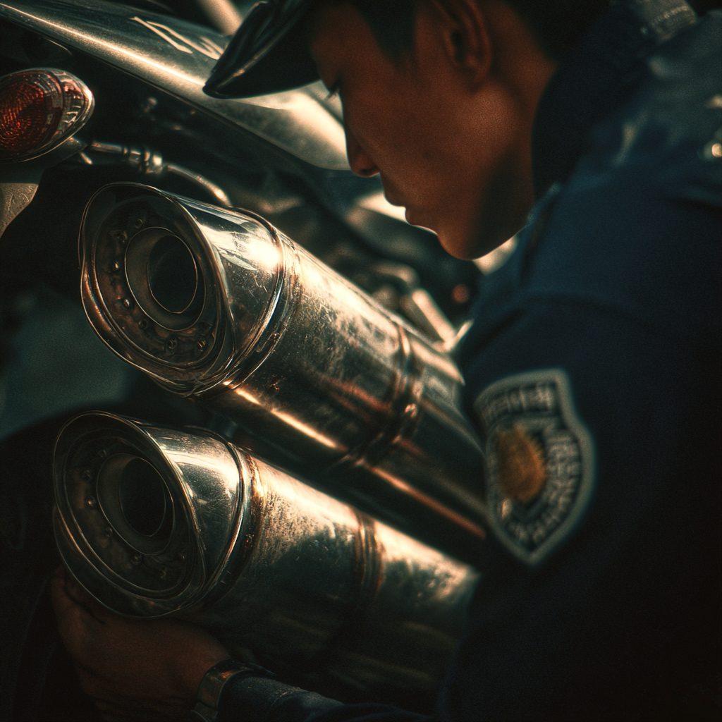 🚨 2025 자동차 무등록·불법 튜닝 합동 단속 3 소음발생으로 이륜차 배기구를 살펴보는 단속반